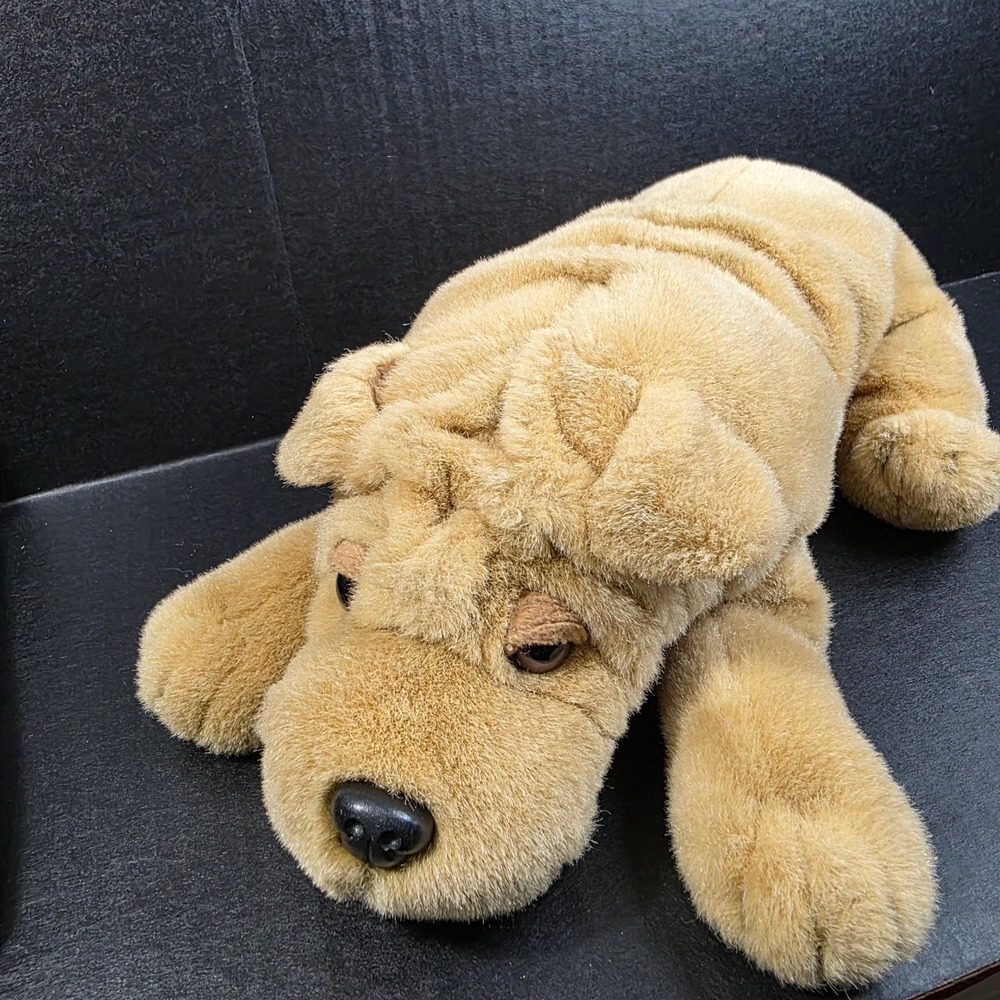 Vintage Aurora Shar Pei Dog Plush Toy 13" Tan Realistic Wrinkly Puppy Lying Down